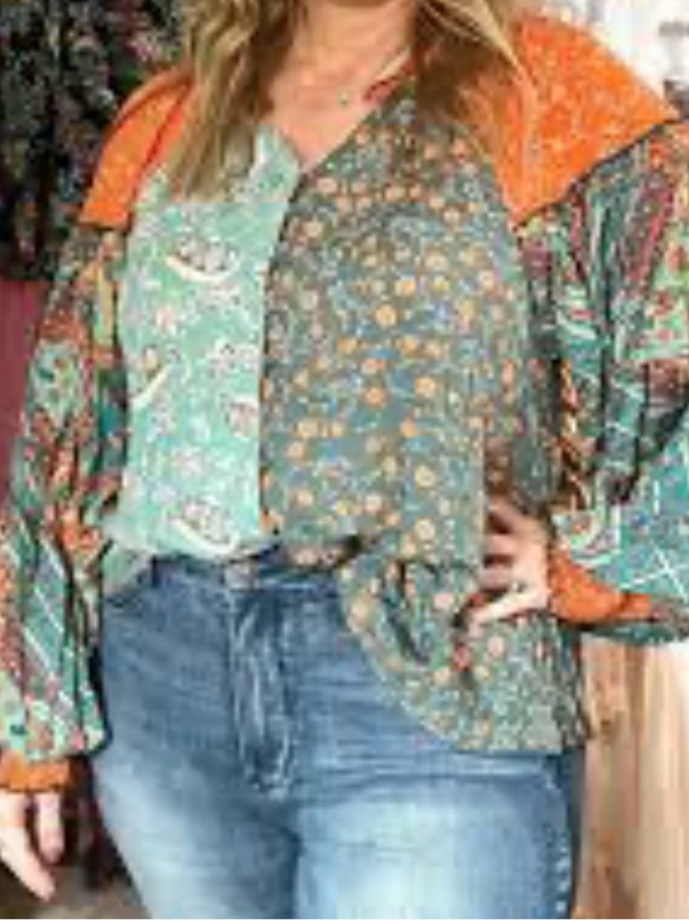 Oli & Hali Patchwork Floral Button-Front Blouse in Teal and Orange